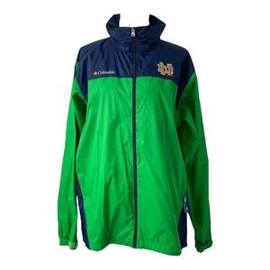 Notre Dame Men’s Large Windbreaker Jacket Columbia Green and Blue Roll Away Hood